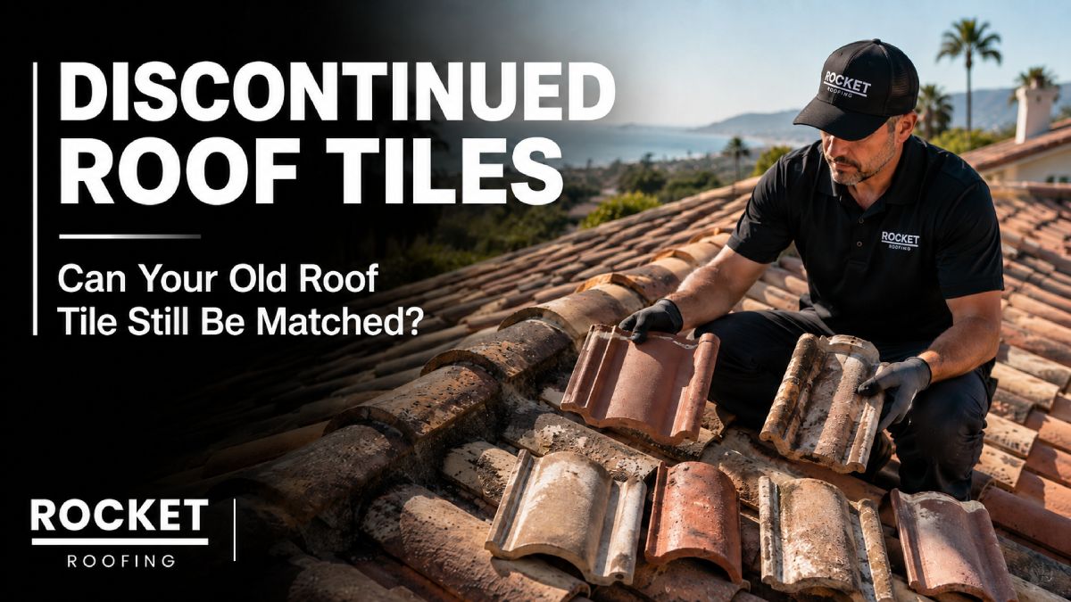 Can Your Old Roof Tile Still Be Matched Roofing contractor inspecting older concrete roof tiles on a Southern California home for matching and replacement options