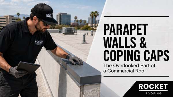 Commercial roofing contractor inspecting metal coping and parapet walls on a low-slope Southern California commercial roof