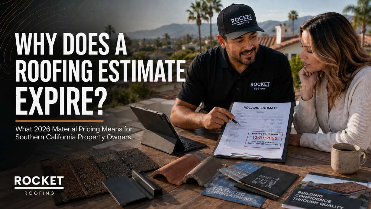 Why Does a Roofing Estimate Expire Southern California roofing contractor reviewing a roof replacement estimate and roofing material costs with a homeowner