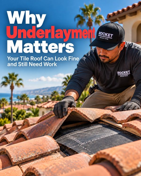 Southern California tile roof with roofing tiles removed to expose the protective underlayment beneath the tile